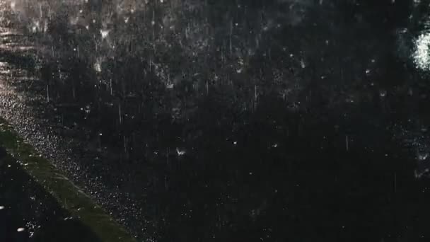 Chuva Chuva Lava Asfalto Noite Carro Está Passando — Vídeo de Stock