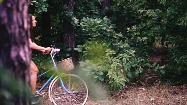 Bicicleta Feminina Uma Mulher Está Com Uma Bicicleta Feminina Floresta — Vídeo de Stock