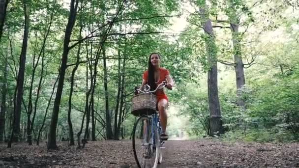 Bicicleta Feminina Uma Mulher Está Com Uma Bicicleta Feminina Floresta — Vídeo de Stock