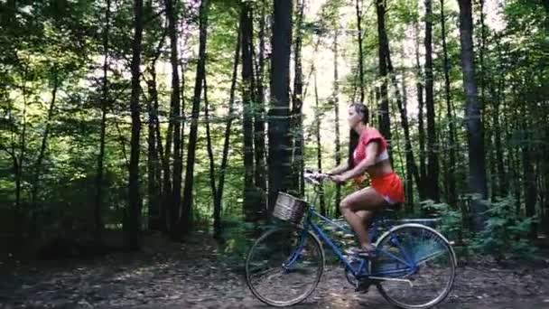 Női Kerékpár Egy Áll Egy Női Biciklit Erdőben — Stock videók