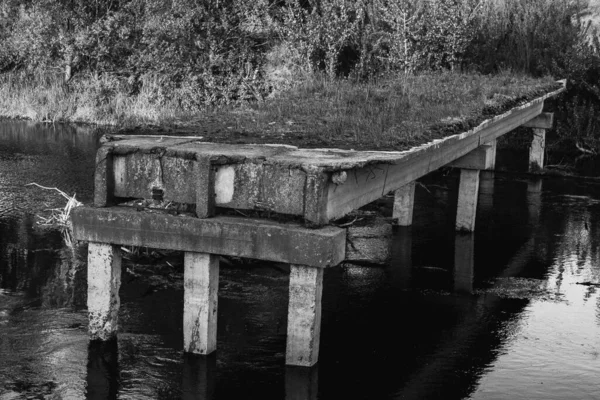 Puente Destruido Viejo Puente Que Está Cubierto Hierba —  Fotos de Stock