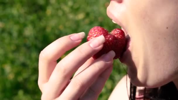 Erdbeere Eine Frau Beißt Eine Rote Erdbeere — Stockvideo