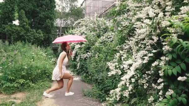 Regenschirm Eine Junge Frau Springt Mit Offenem Regenschirm Auf — Stockvideo