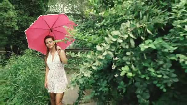 Umbrella Young Woman Umbrella Rain — Stock Video