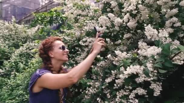 Een Smartphone Een Jonge Vrouw Neemt Bloemen Een Smartphone — Stockvideo