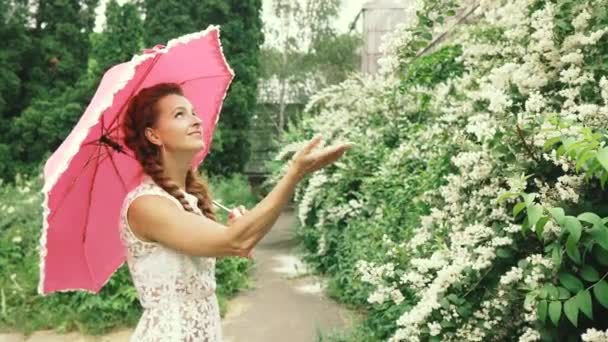 Paraplu Jonge Vrouw Met Een Paraplu Uit Regen — Stockvideo