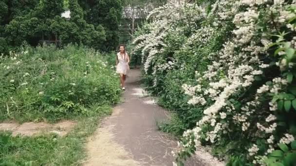 若い幸せな女性がジャンプして公園を走っています — ストック動画