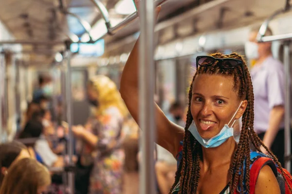 Medical Mask Woman Medical Mask Rides Public Transport — Stock Photo, Image