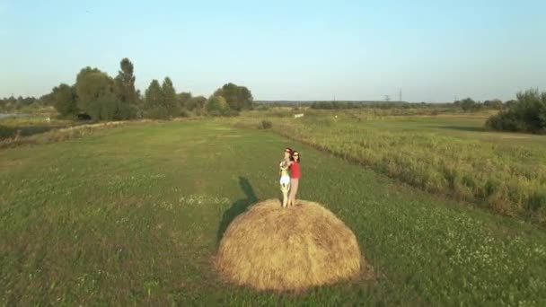 Hay Two Girls Standing Hay Aerial View — Stock Video