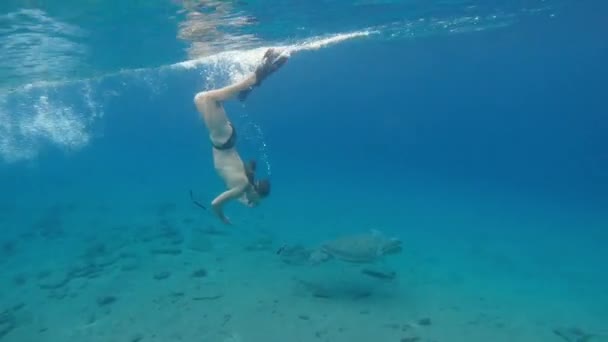 Meer Ein Mann Mit Unterwassermaske Und Flossen Schwimmt Meer Neben — Stockvideo