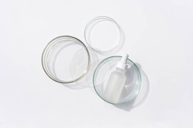 Beyaz arka planda, petri kabında cam şişe. Üst manzara, düz yatış. Cilt bakımı. Cilt bilimi kozmetik laboratuvarı. Doğal ilaçlar, kozmetik araştırmalar, organik cilt bakım ürünleri.. 