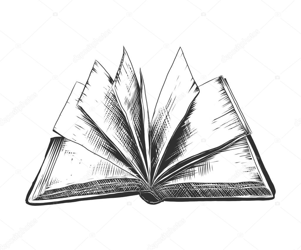 Vector engraved style illustration for posters, decoration and print. Hand drawn sketch of open book in monochrome isolated on white background. Detailed vintage woodcut style drawing. Book