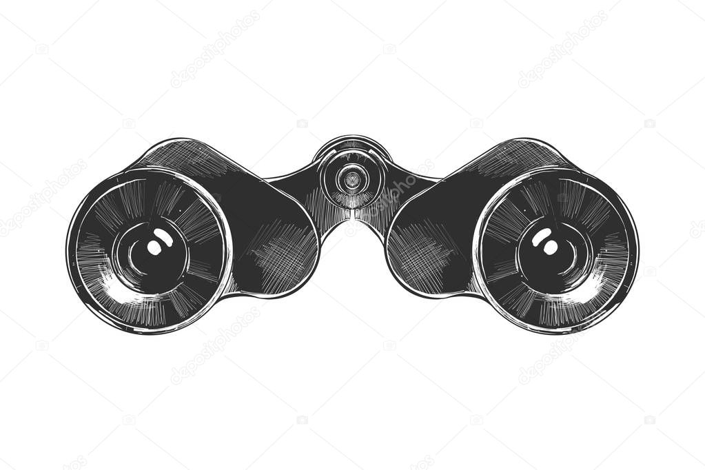 Vector engraved style illustration for posters, decoration and print. Hand drawn sketch of binoculars in monochrome isolated on white background. Detailed vintage woodcut style drawing.