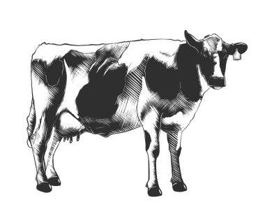 Posterler, süsleme ve baskı için oyulmuş stil illüstrasyon vektör. El inek beyaz arka plan üzerinde izole tek renkli çizilmiş kroki. Vintage gravür tarzı çizim ayrıntılı. İnek