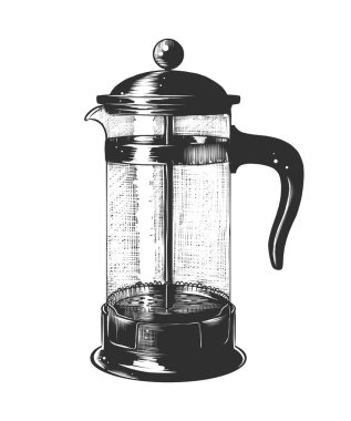 Posterler, süsleme ve baskı için oyulmuş stil illüstrasyon vektör. Fransız basın beyaz arka plan üzerinde izole tek renkli el çizilmiş kroki. Vintage gravür tarzı çizim ayrıntılı.