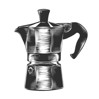 Posterler, süsleme ve baskı için oyulmuş stil illüstrasyon vektör. El şofben kahve makinesi beyaz arka plan üzerinde izole tek renkli çizilmiş kroki. Vintage gravür tarzı çizim ayrıntılı.