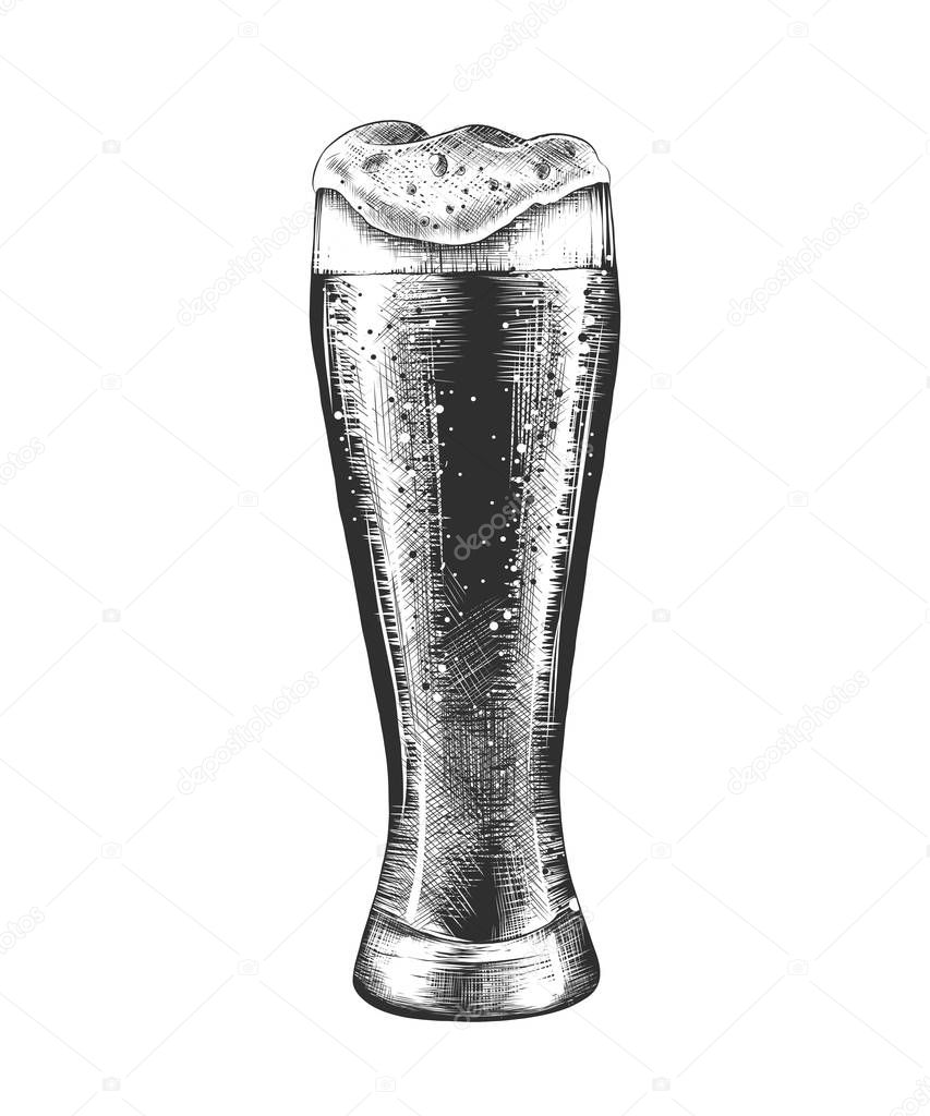 Vector engraved style illustration for posters, decoration and print. Hand drawn sketch of glass of beer in monochrome isolated on white background. Detailed vintage woodcut style drawing.