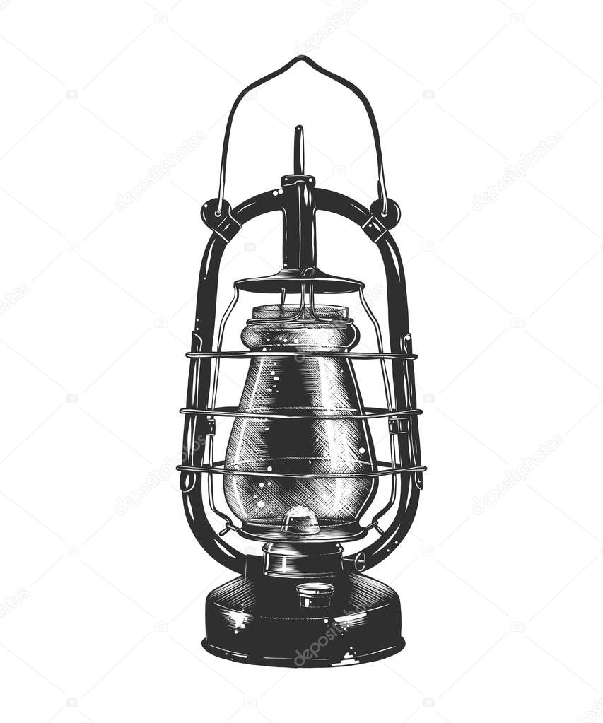 Vector engraved style illustration for posters, decoration and print. Hand drawn sketch of kerosene lamp in monochrome isolated on white background. Detailed vintage woodcut style drawing.