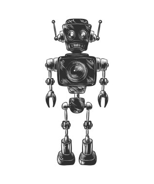 Posterler, süsleme ve baskı için oyulmuş stil illüstrasyon vektör. Beyaz arka plan üzerinde izole tek renkli robot el çizilmiş kroki.