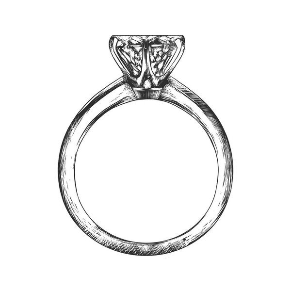 Vector engraved style illustration for posters, decoration and print. Hand drawn sketch of engagement ring in monochrome isolated on white background. Detailed vintage woodcut style drawing.