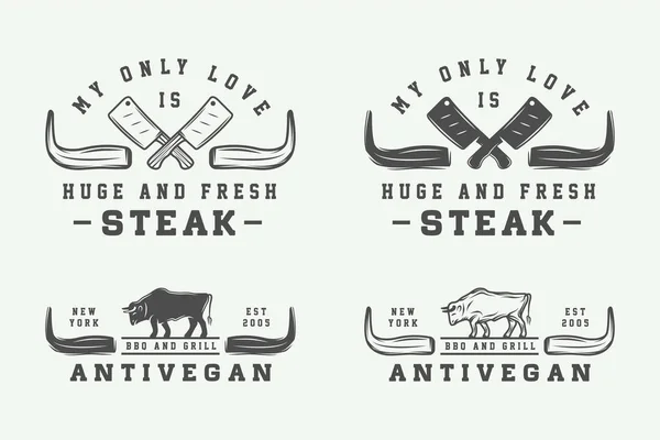 Ensemble Logos Emblèmes Badges Étiquettes Boucherie Vintage Steak Bbq Art — Image vectorielle