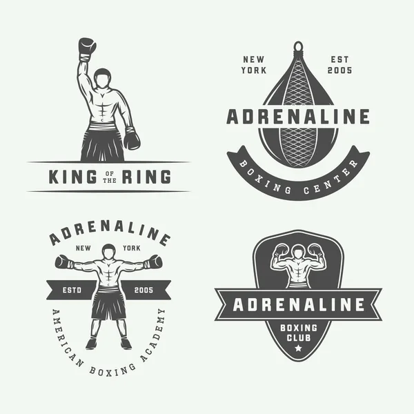 Vintage boks ve dövüş sanatları logo rozetleri ve retro tarzı etiketleri kümesi. Tek renkli grafik sanatı. Vektör çizim