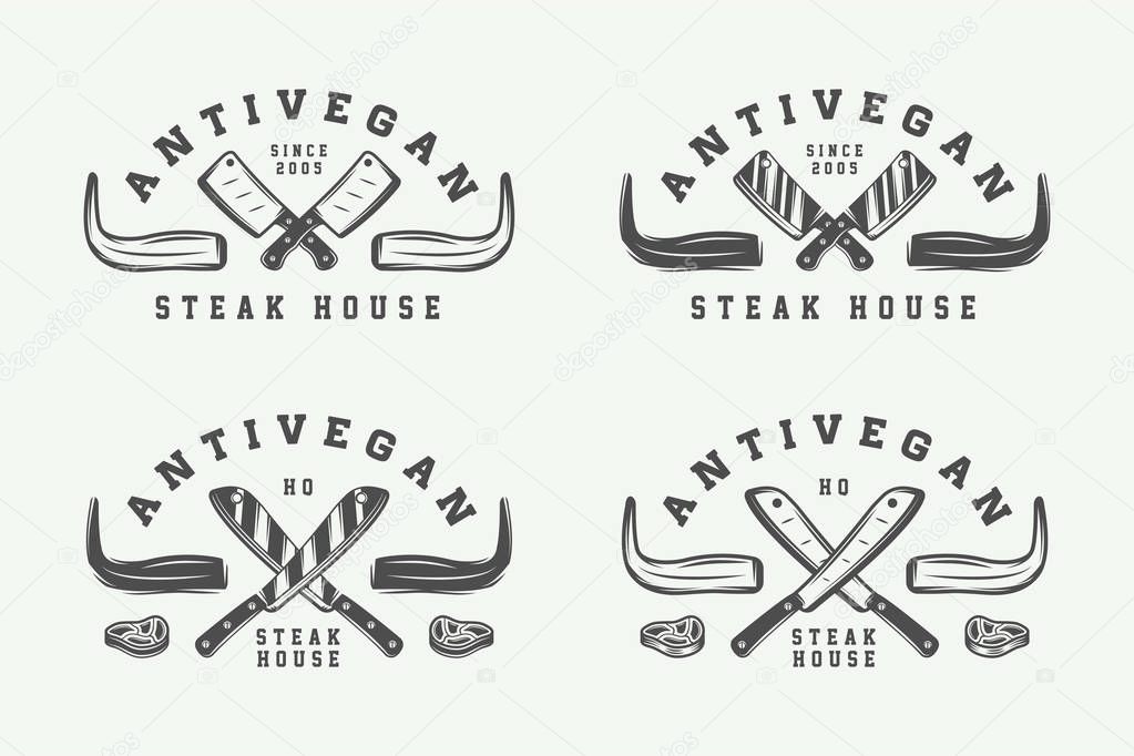 Set of vintage butchery meat, steak or bbq logos, emblems, badges, labels. Graphic Art. Illustration.