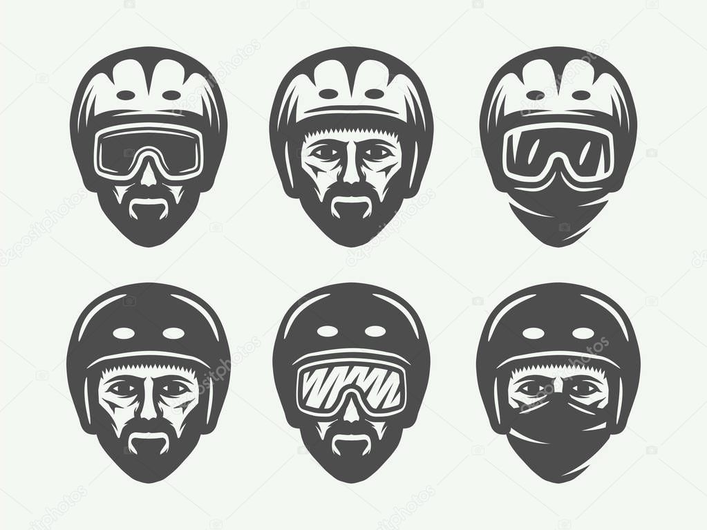 Set of vintage snowboarding, ski or winter head logos, badges, emblems and design elements. Vector illustration. Monochrome Graphic Art.