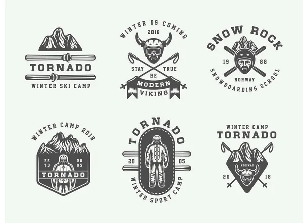 Set Vintage Snowboarding Ski Winter Sports Logos Badges Emblems Design — Stock Vector