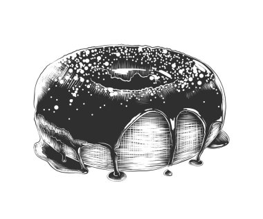 Posterler, süsleme ve baskı için oyulmuş stil illüstrasyon vektör. Beyaz arka plan üzerinde izole tek renkli donut el çizilmiş kroki. Vintage gravür tarzı çizim ayrıntılı.