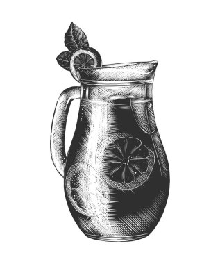 Posterler, süsleme ve baskı için oyulmuş stil illüstrasyon vektör. Limonata cam beyaz arka plan üzerinde izole tek renkli el çizilmiş kroki. Vintage gravür tarzı çizim ayrıntılı.