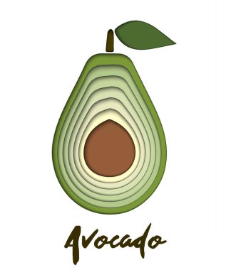 Kağıt kümesini vektör yeşil şekiller cut avokado, kesti. 3D soyut kağıt sanat tarzı, origami konsept tasarımı, gıda ambalaj, reklam, detoks, kozmetik, sağlıklı beslenme.