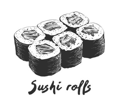 Vector engraved style illustration for posters, decoration and print. Hand drawn sketch of salmon sushi in monochrome isolated on white background. Detailed vintage woodcut style drawing. clipart
