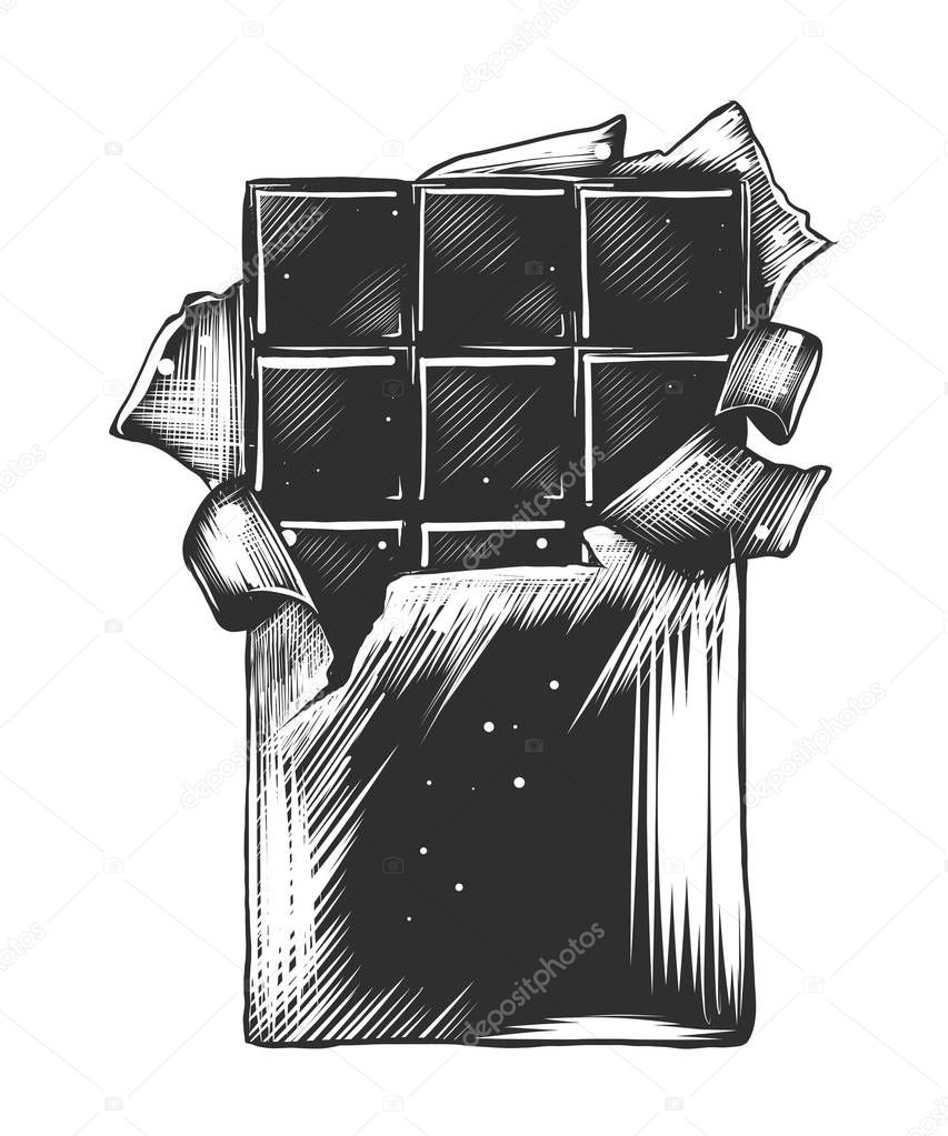Vector engraved style illustration for posters, decoration and print. Hand drawn sketch of chocolate bar in monochrome isolated on white background. Detailed vintage woodcut style drawing.