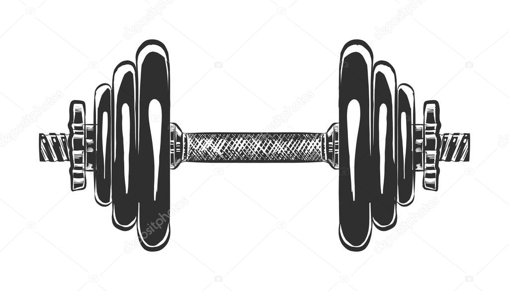 Vector engraved style illustration for posters, decoration and print. Hand drawn sketch of dumbbell in monochrome isolated on white background. Detailed vintage woodcut style drawing.