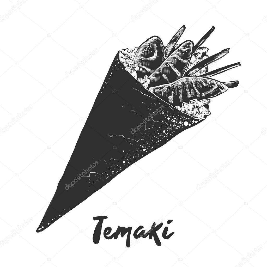 Vector engraved style illustration for posters, decoration and print. Hand drawn sketch of temaki roll in monochrome isolated on white background. Detailed vintage woodcut style drawing.