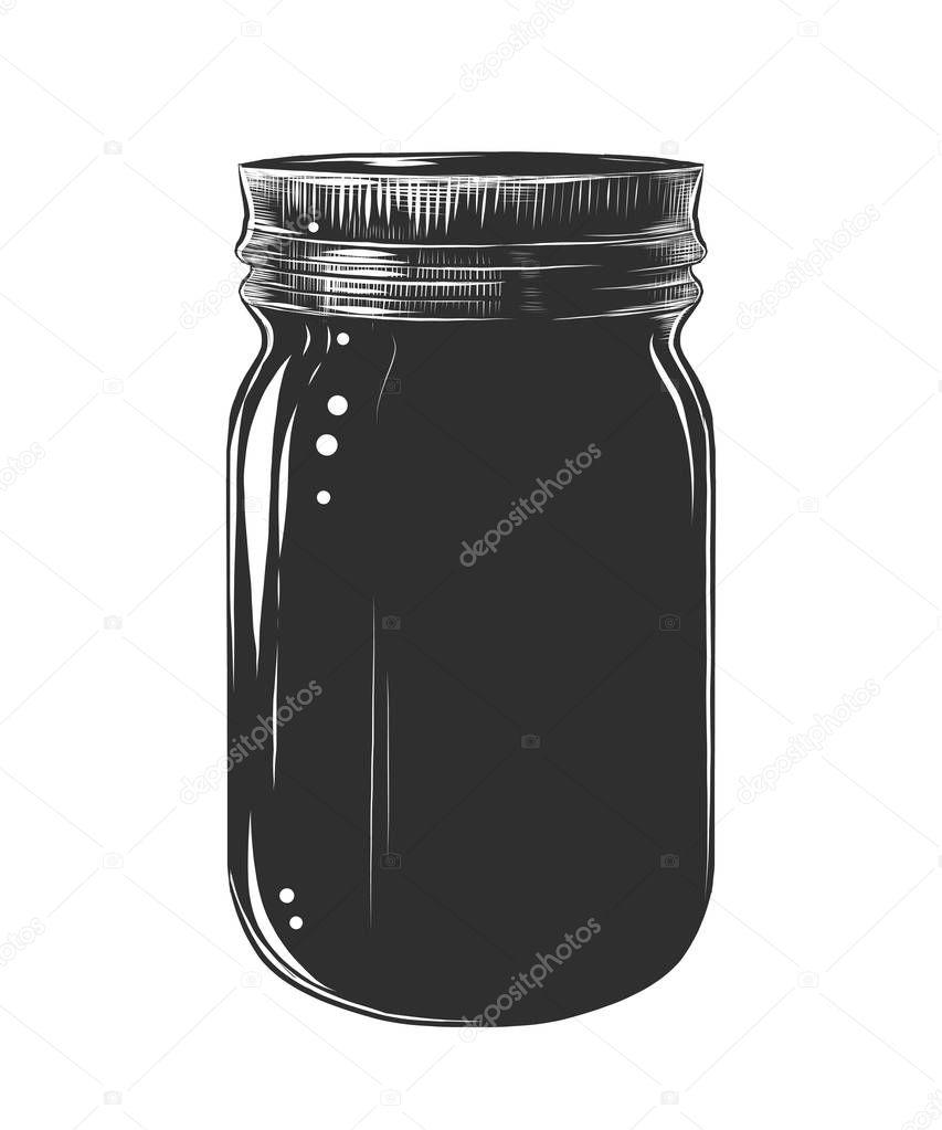 Vector engraved style illustration for posters, decoration and print. Hand drawn sketch of glass jar, monochrome isolated on white background. Detailed vintage woodcut style