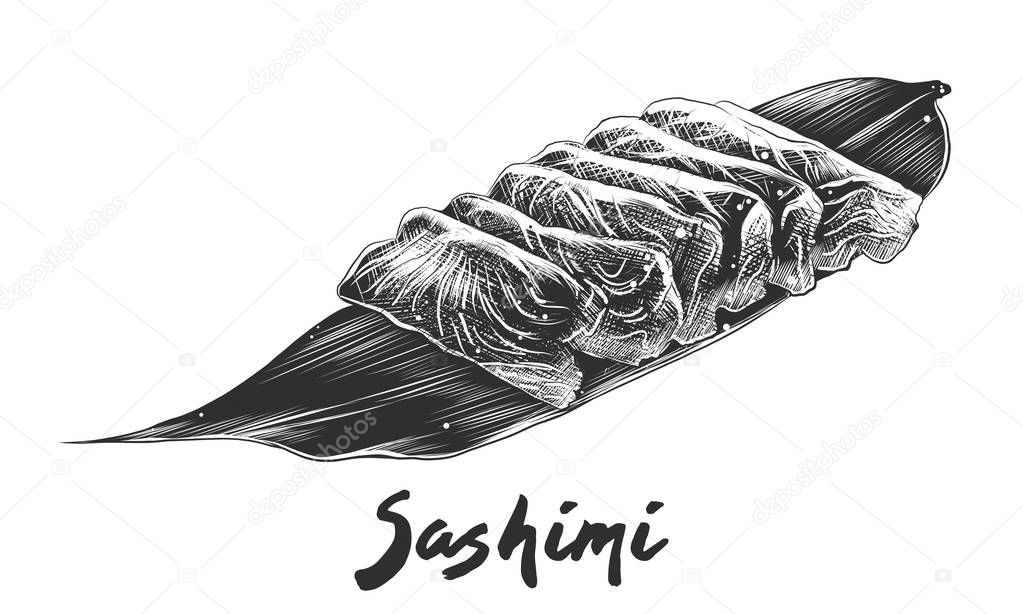 Vector engraved style illustration for posters, decoration and print. Hand drawn sketch of salmon sashimi in monochrome isolated on white background. Detailed vintage woodcut style drawing.