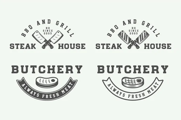 Vintage Kasaplık Biftek Veya Barbekü Logolar Amblemler Rozetleri Etiketleri Kümesi — Stok Vektör