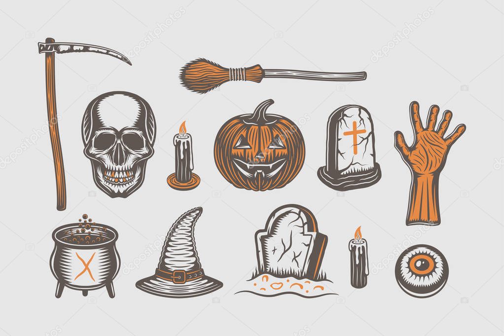 Big vintage halloween set of broom, skull, pumpkin, hand, graves, scythe, with's hat, cauldron, candle, eye in retro style. Monochrome Graphic Art Illustration Vector