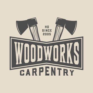 Vintage marangozluk, ahşap işi ve mekanik etiket, rozet, amblem ve logo. Vektör çizim. Tek renkli grafik sanatı.