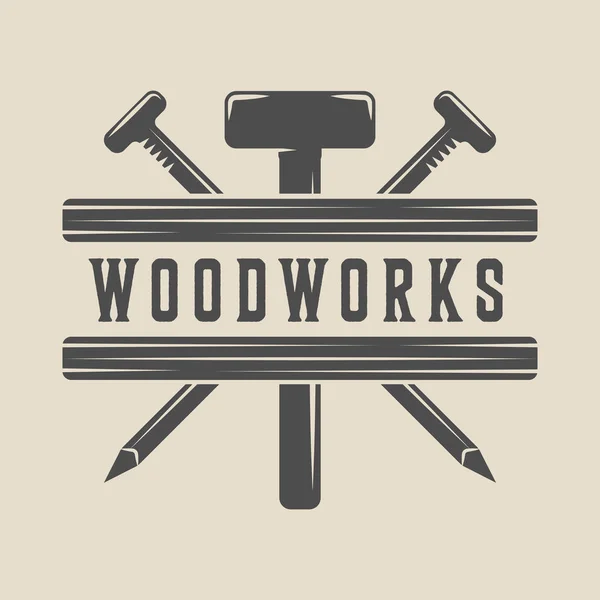 Falegnameria vintage, lavorazione del legno ed etichetta meccanica, distintivo, emblema e — Vettoriale Stock