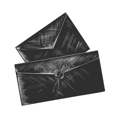 Posterler, süsleme ve baskı için oyulmuş stil illüstrasyon vektör. El kağıt mektup beyaz arka plan üzerinde izole tek renkli çizilmiş kroki. Vintage gravür tarzı çizim ayrıntılı.