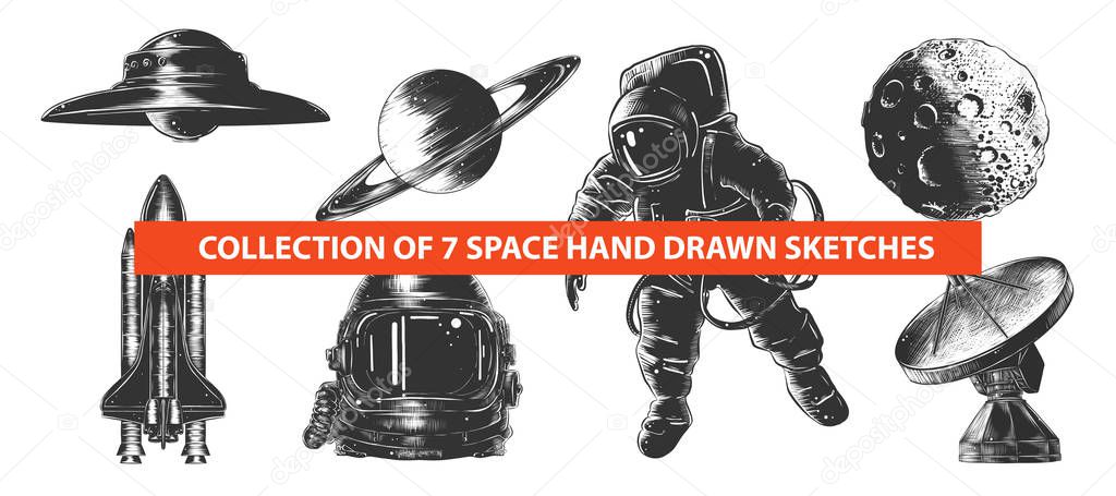 Vector engraved style space or cosmic collection for posters, decoration and print. Hand drawn sketches of in monochrome isolated on white background. Detailed vintage woodcut style drawing.