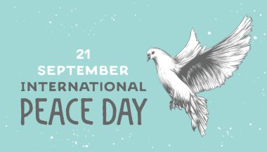 Tebrik kartları, dekorasyon, baskılar ve posterler için vektör kartı el çekilmiş benzersiz tipografi tasarım öğesi ile. Güvercin kroki ile uluslararası barış günü.