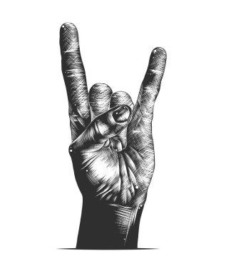 Posterler, süsleme ve baskı için oyulmuş stil illüstrasyon vektör. El rock işareti jest beyaz arka plan üzerinde izole tek renkli çizilmiş kroki. Vintage gravür tarzı çizim ayrıntılı.