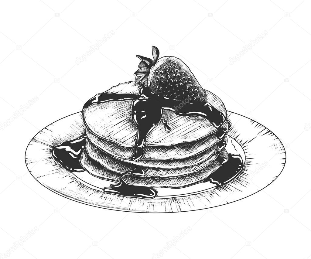 Vector engraved style illustration for posters, decoration and print. Hand drawn sketch of pancakes on the plate in monochrome isolated on white background. Detailed vintage woodcut style drawing.