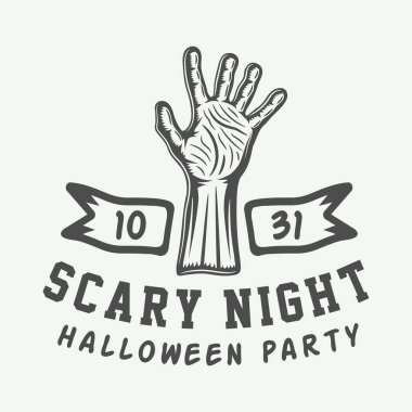 Retro Vintage Halloween logo, amblem, rozet, etiket, mark, yama. Tek renkli grafik sanatı. Resimde. Vektör.