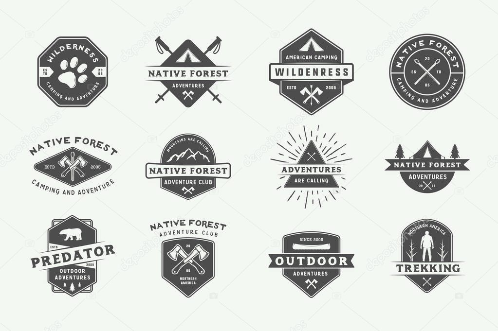 Set of vintage camping outdoor and adventure logos, badges, labels, emblems, marks and design elements. Graphic Art. Vector Illustration.