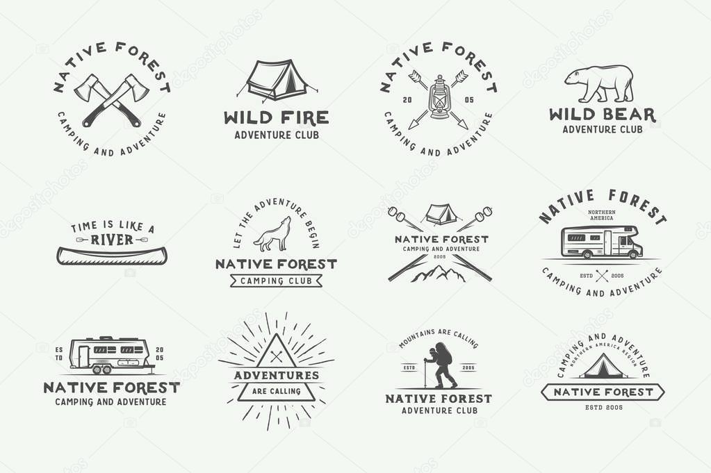 Set of vintage camping outdoor and adventure logos, badges, labels, emblems, marks and design elements. Graphic Art. Vector Illustration.